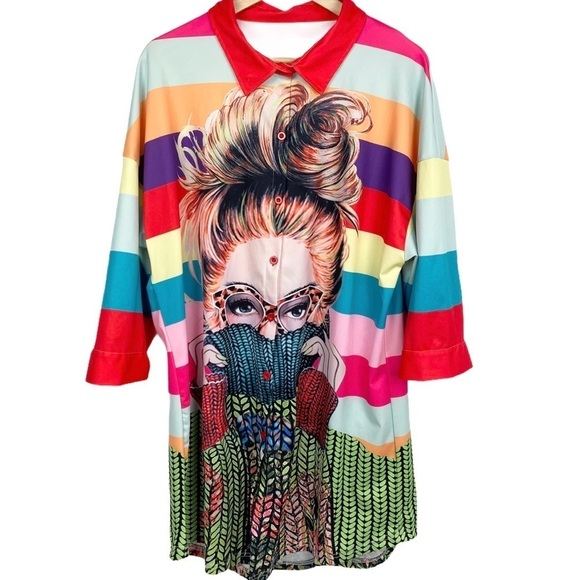 SHIRT Dress Brightly Colored Graphic Print Striped Anime - Picture 2 of 13